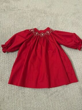 Red Embroidered Smocked Dress with Floral Detail